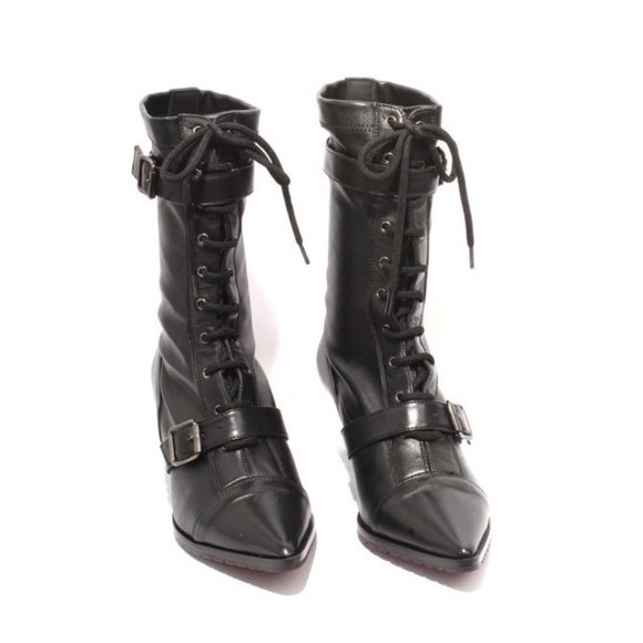 Isabelle 419s Black Leather Stretch Pointy Mid-Calf Heel Boots - Picture 2 of 8